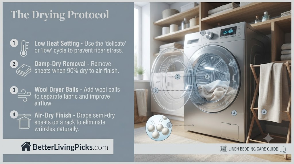 Infographic detailing four linen drying steps: low heat, damp-dry removal, wool dryer balls, and air-dry finish, with a laundry room scene and callouts.