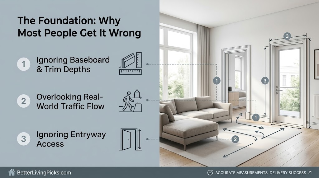 Modern living room featuring sectional sofa measurements, baseboard trim depths, and traffic flow path indicators on a light slate-gray infographic panel.