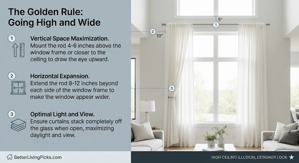 Modern living room featuring a high-mounted curtain rod with infographic callouts illustrating vertical space maximization and horizontal rod expansion techniques.