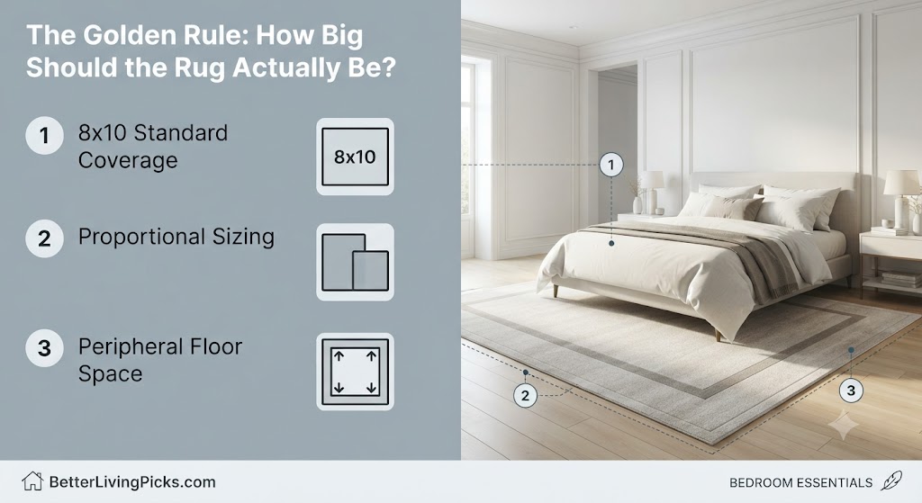 Modern bedroom interior featuring queen bed and area rug with infographic numbered callouts for sizing and placement.