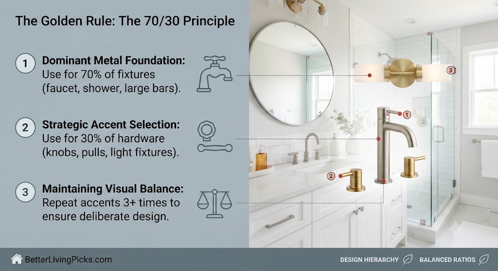 Modern bathroom featuring brushed nickel faucets and brass accents with labeled design ratio points.