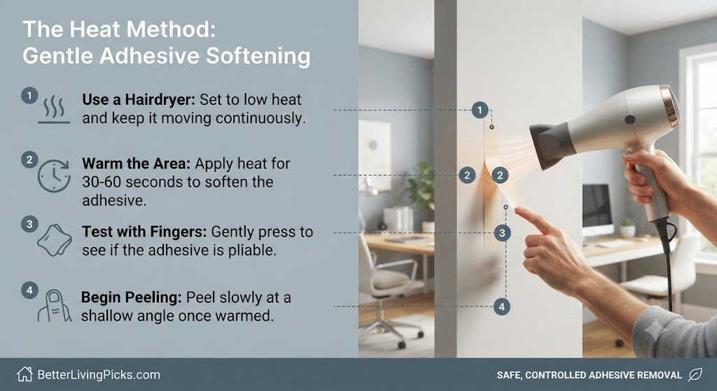 Modern home office featuring a step-by-step infographic guide demonstrating the safe use of a hairdryer to soften adhesive tape for damage-free removal from painted walls.
