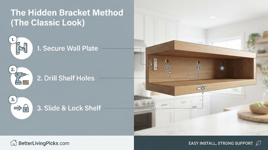 Modern kitchen featuring floating wooden shelf installation using hidden brackets, displayed with illustrative step-by-step assembly icons and a lifestyle interior backdrop.