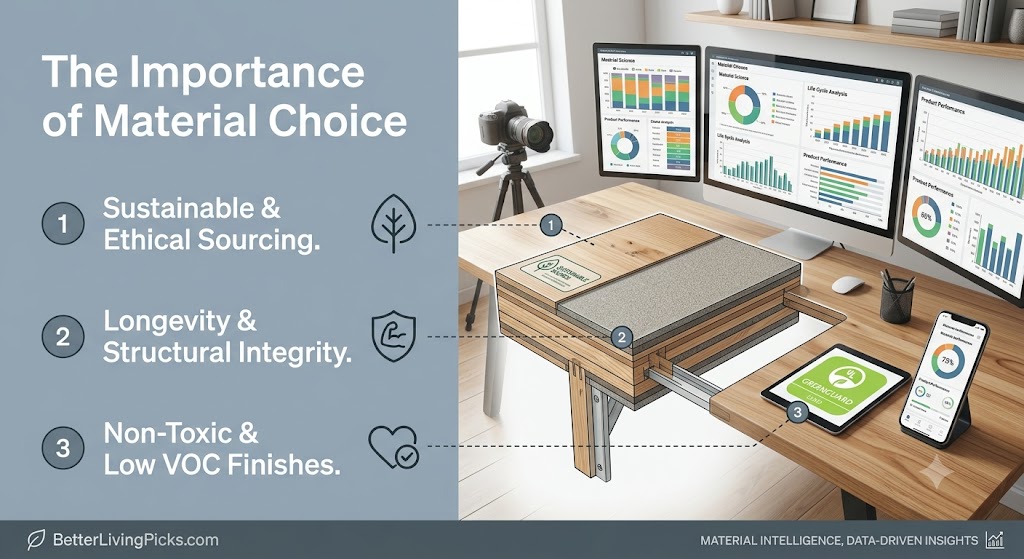 Infographic split-screen illustrating material choice importance, featuring a modern oak shelving unit in a sunlit living space and a numbered features list.