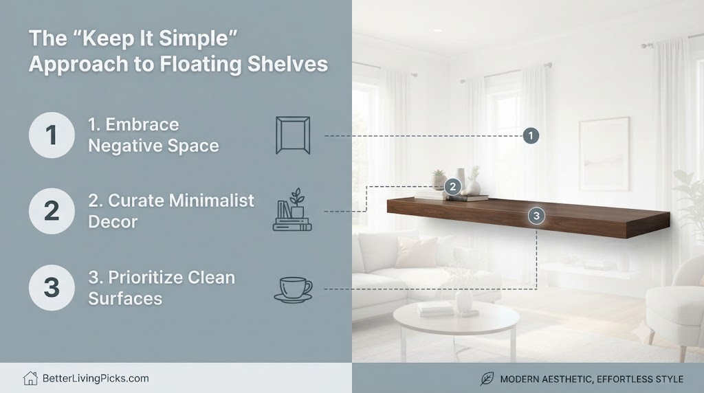 Modern living room featuring a clean, dark walnut floating shelf, displayed with illustrative step-by-step icons for minimalist decor and a bright interior backdrop.
