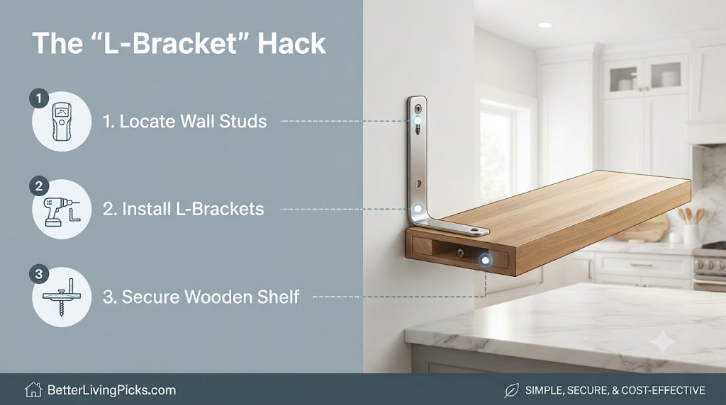 Modern kitchen featuring an L-bracket floating shelf installation, displayed with illustrative step-by-step assembly icons and a bright interior backdrop.