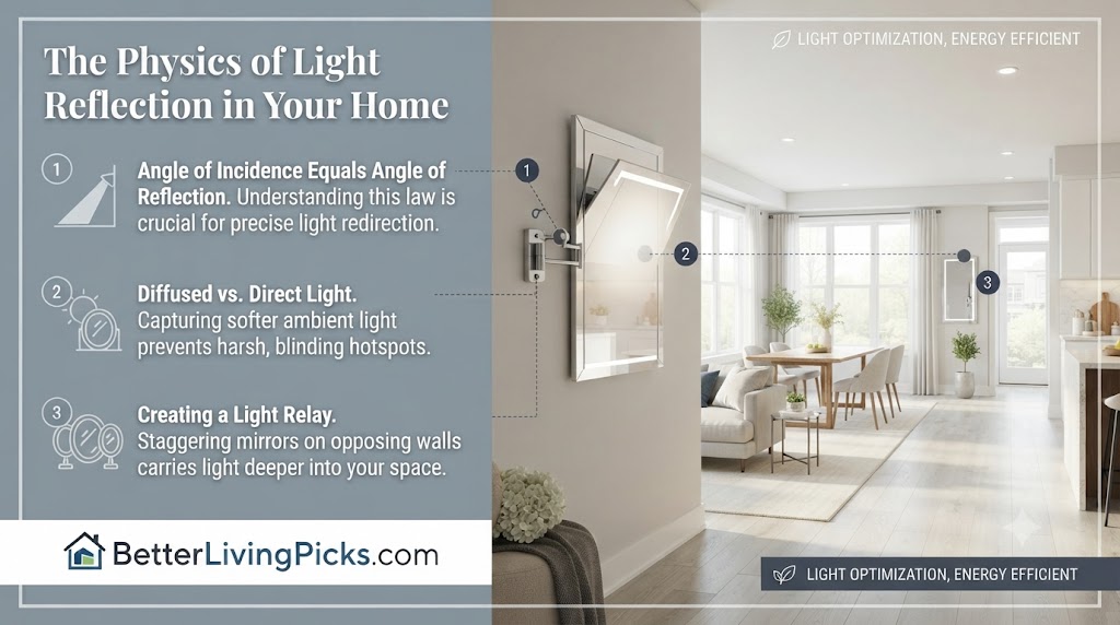 Modern home hallway featuring an adjustable wall mirror reflecting natural sunlight from a adjacent sunlit room.