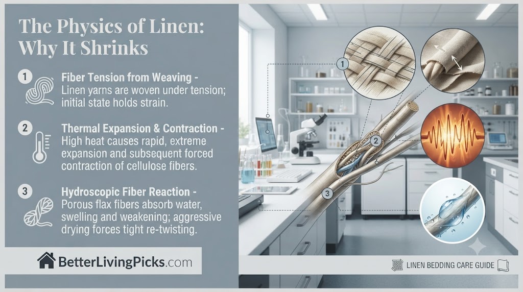 Scientific infographic detailing three reasons for linen shrinkage, featuring micro-views of fibers under tension, heat, and moisture in a laboratory setting.