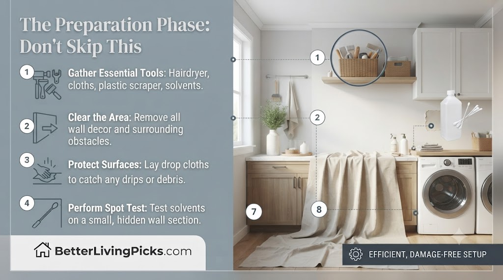 Modern laundry room featuring a step-by-step infographic guide detailing essential tools, workspace preparation, and surface protection for damage-free adhesive removal.
