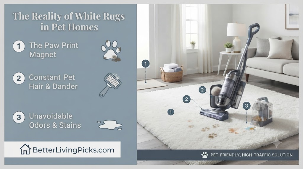 Modern living room featuring a white rug with visible pet stains, a vacuum cleaner, and a spot cleaner to address common pet-related floor maintenance challenges.