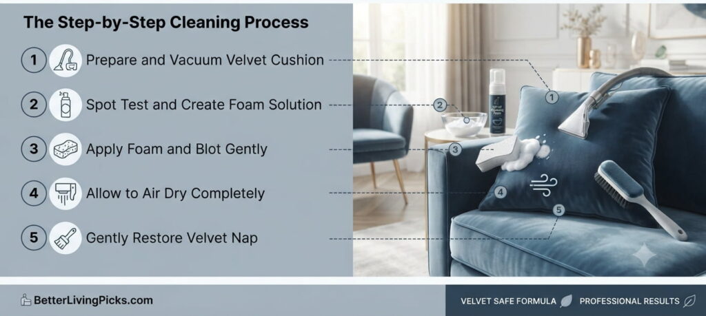 A visual sequence demonstrating velvet furniture cleaning, showing a hand blotting a spill and using a foam solution on a plush sofa.
