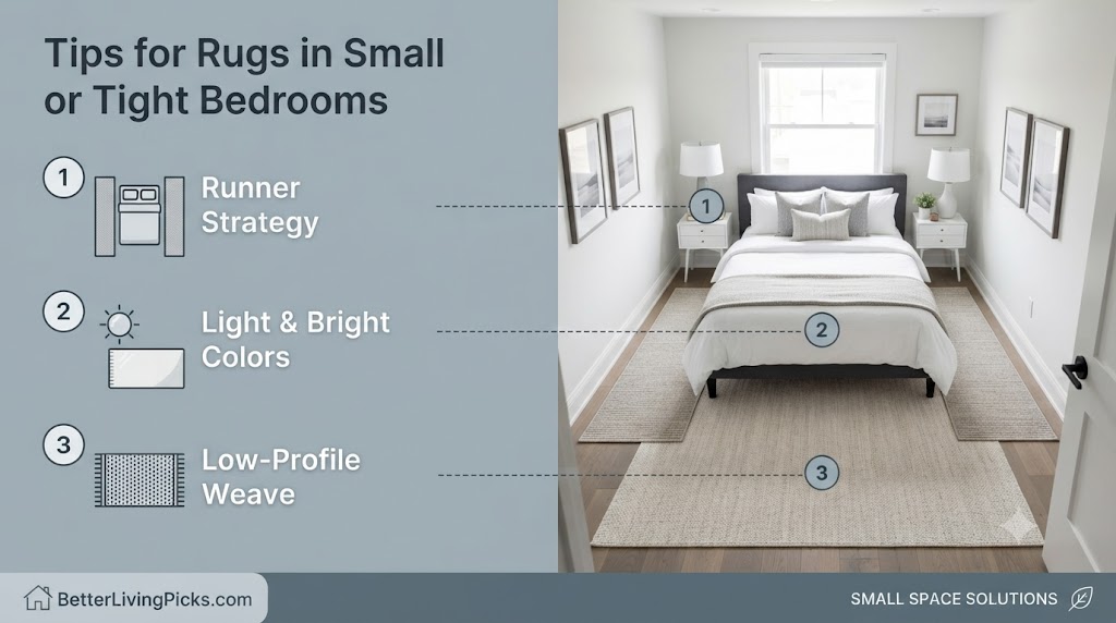 Modern small bedroom interior featuring queen bed with infographic numbered callouts for runner strategies and rug design tips.