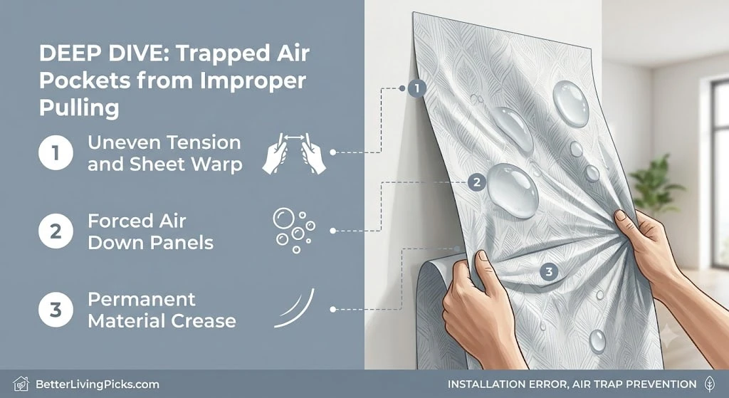 Close-up of peel-and-stick wallpaper lifting from the wall because of trapped air pockets and poor surface preparation.