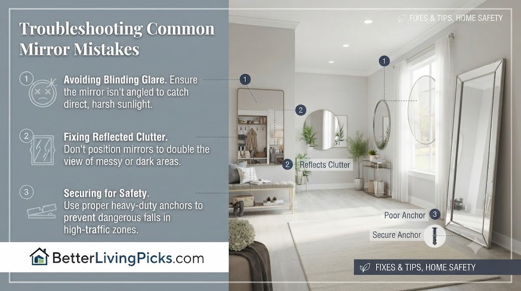 Modern hallway interior illustrating common mirror pitfalls such as blinding glare, poor reflection of clutter, and inadequate wall anchors.