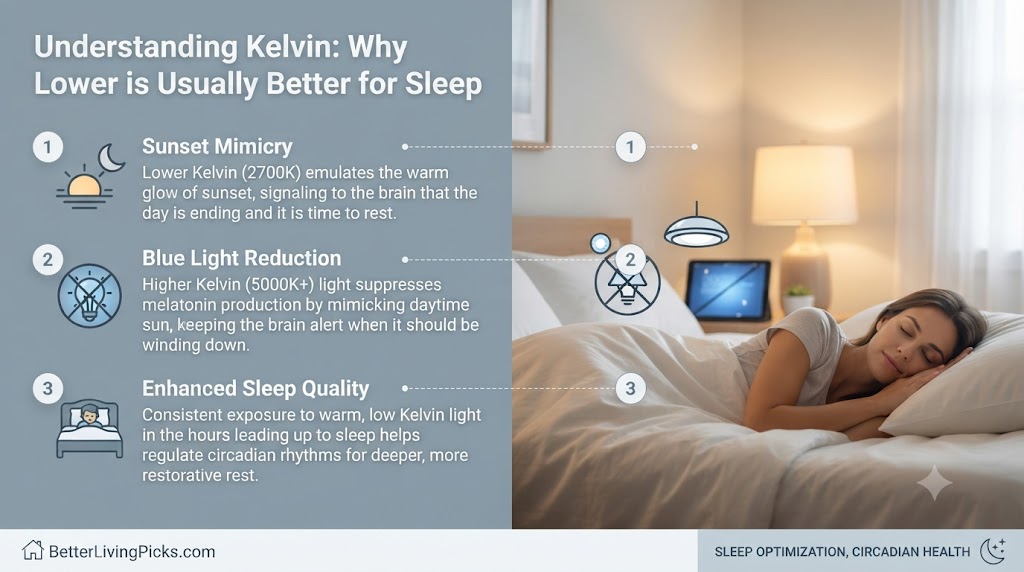 Bedroom infographic illustrating the impact of 2700K warm lighting on sleep cycles compared to blue light.