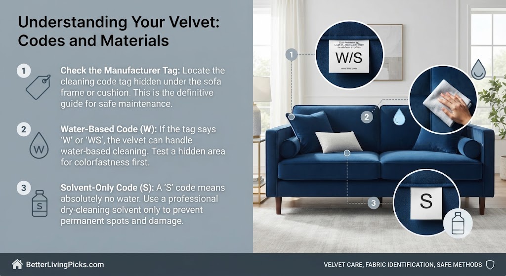 Modern living room featuring a blue velvet sofa with zoomed-in circular details highlighting fabric cleaning codes and water-based versus solvent-only care methods.