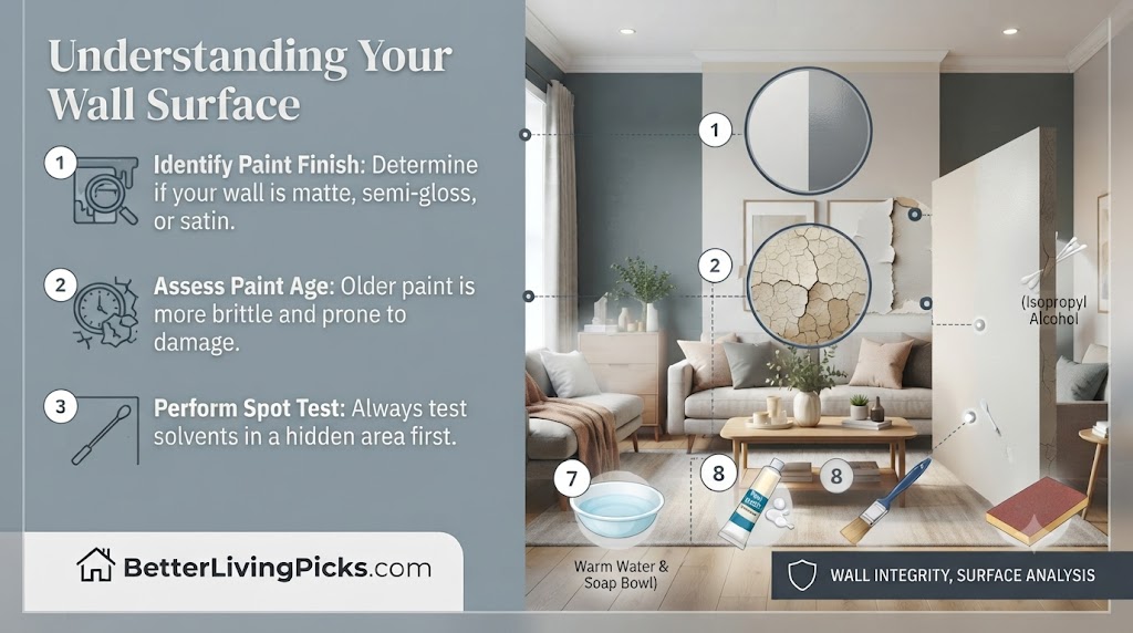 Modern living room featuring a step-by-step instructional infographic detailing techniques for identifying paint finishes, assessing surface age, and performing safe spot tests.