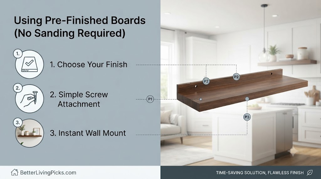 Modern kitchen featuring a clean, dark walnut pre-finished floating shelf installation, displayed with illustrative step-by-step assembly icons and a bright interior backdrop.