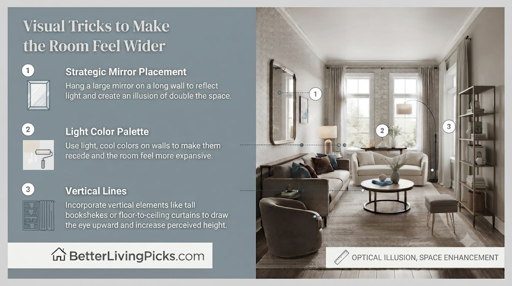 Modern living room featuring a design trick guide with numbered points on mirror placement, color palettes, and vertical lines for spatial expansion.