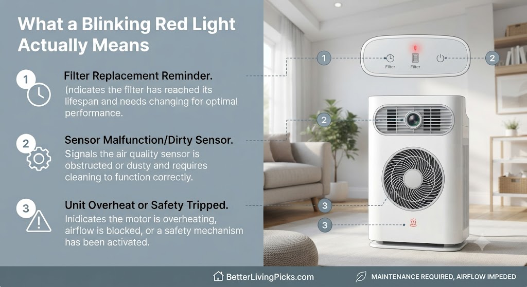 Modern living room featuring an air purifier with numbered callouts identifying potential causes for a blinking red light, including filter, sensor, and safety triggers.