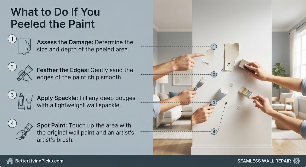 Modern living room featuring a step-by-step infographic guide detailing wall repair procedures including assessing damage, feathering edges, applying spackle, and spot painting.
