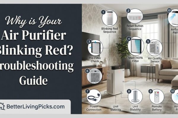 Modern living room featuring a white air purifier with a blinking red light, accompanied by an infographic layout illustrating filter, sensor, and reset troubleshooting steps.