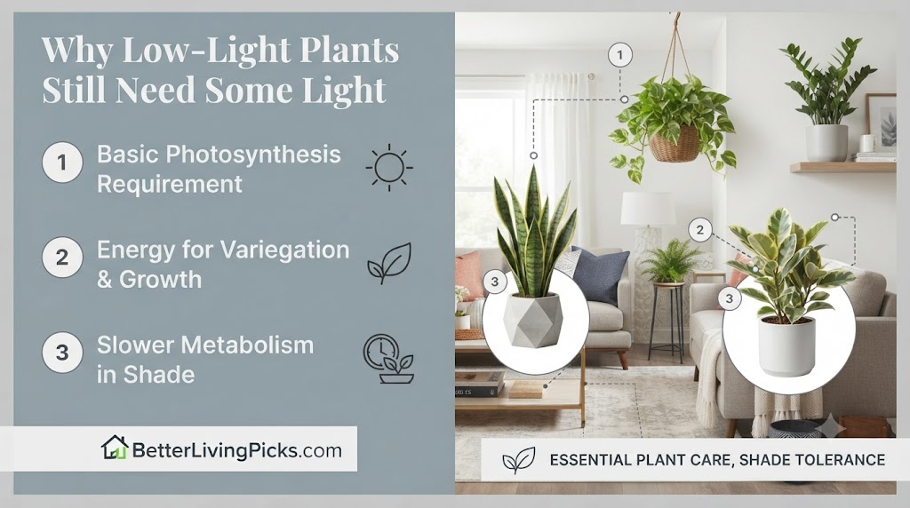 Modern living room featuring a selection of low-light plants with numbered care points and icons on a gray informational panel.