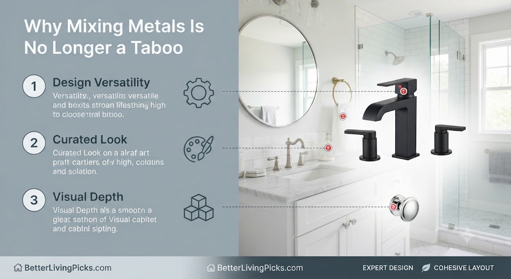 Modern bathroom featuring matte black faucets and polished chrome hardware with labeled design versatility points.