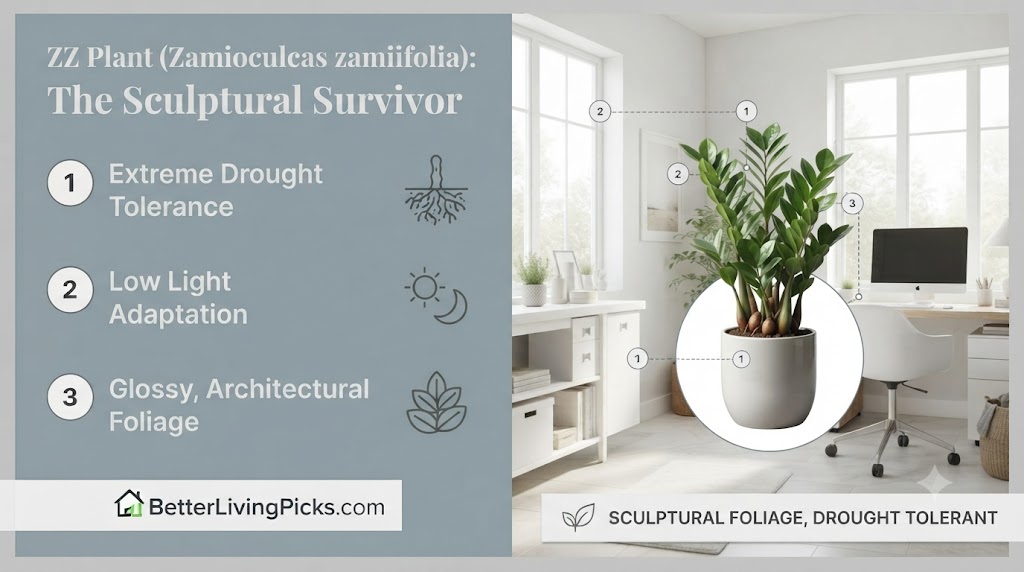 Modern office featuring a ZZ Plant with numbered care points and icons on a gray informational panel.