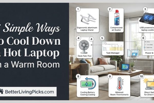 Infographic showing five simple tips for cooling down a laptop in a warm room, including laptop stands, compressed air, and desk fans.