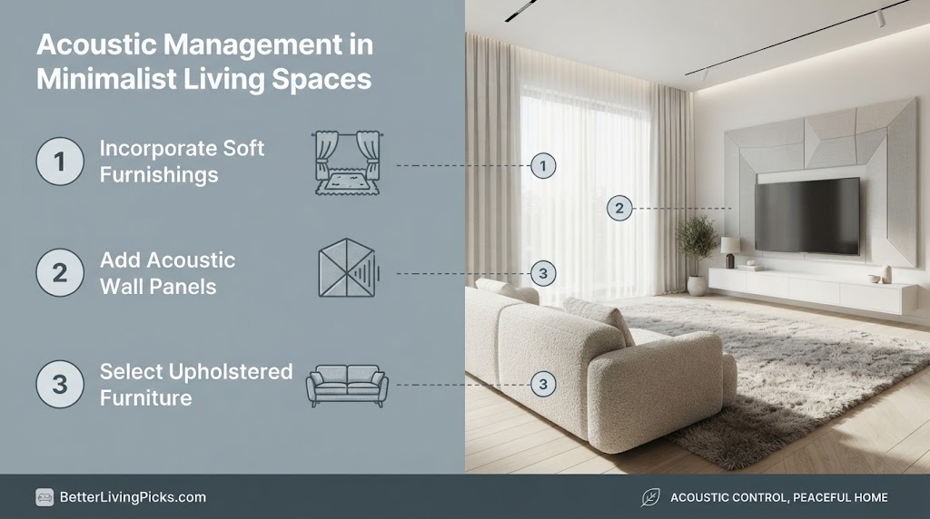 Split-panel infographic demonstrating three acoustic management strategies with numbered text and icons linked to corresponding soft furnishings, wall panels, and upholstered furniture in a modern minimalist living room.