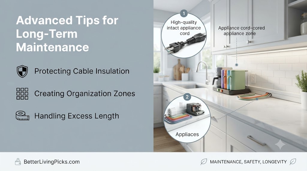 Split-screen web feature showing three maintenance points on a slate-gray panel linked by dashed lines to product details in a modern kitchen.