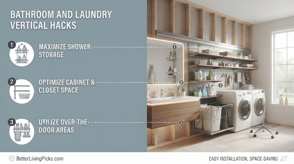 Split-screen feature box image displaying a light gray panel with three numbered installation mistake points on the left and a brightly lit modern bathroom and laundry scene on the right with annotated storage system mockups for BetterLivingPicks.com.