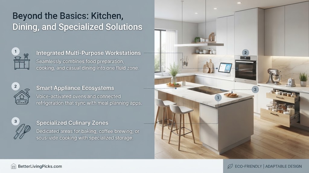 Split-panel image with a text infographic on the left detailing three modern kitchen solutions, and a corresponding professional photograph of an integrated kitchen on the right with numerical callouts.