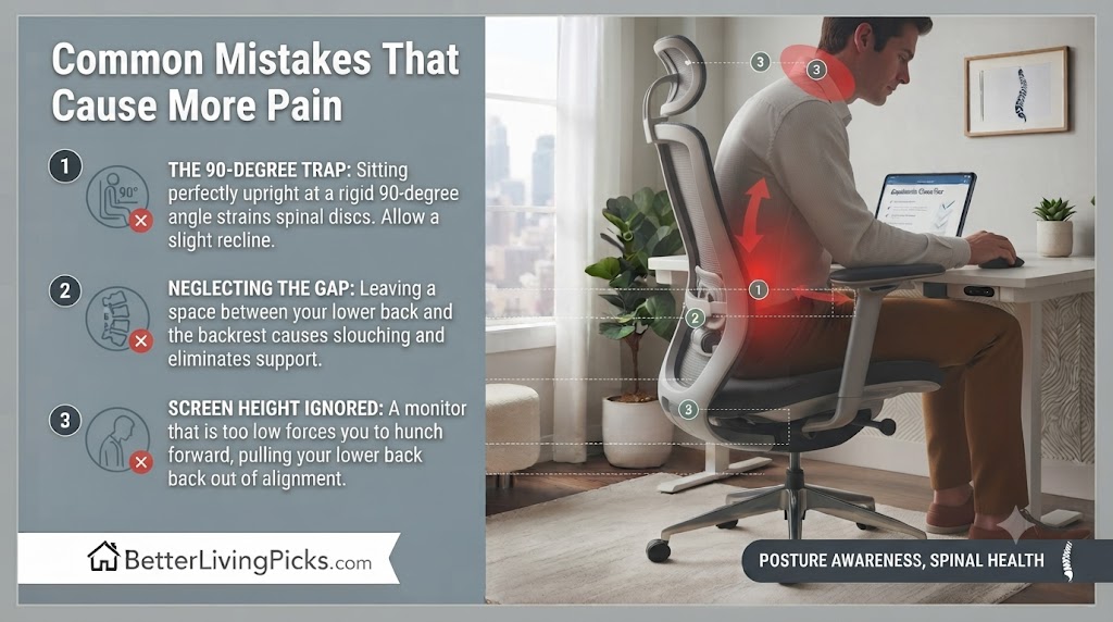 Modern office setup highlighting ergonomic mistakes, including rigid posture, lumbar gaps, and incorrect monitor height.