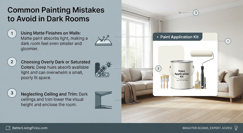 Split-screen infographic illustrating three common painting mistakes in dark rooms with numbered steps and icons on the left, and a photorealistic modern living room with product callouts on the right.