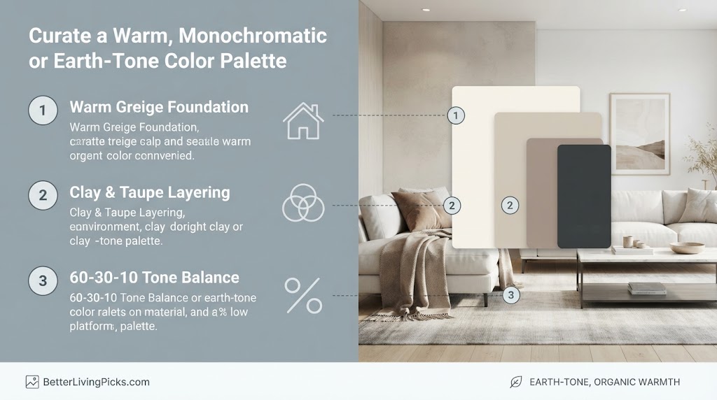 Split-screen infographic illustrating a warm earth-tone color palette with numbered text points linked to corresponding swatches in a modern living room scene.