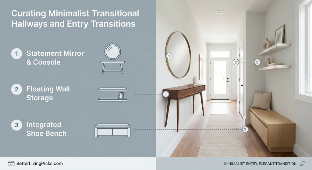 Split-screen infographic illustrating three minimalist entry design steps, with text points and icons on the left linked to corresponding furniture in a modern hallway scene on the right