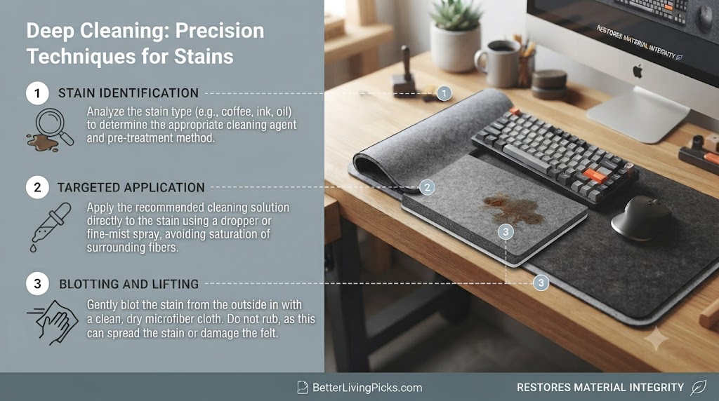 Infographic showing three stain removal steps on a felt desk mat, with text panels on the left connected by lines to a desk scene on the right.