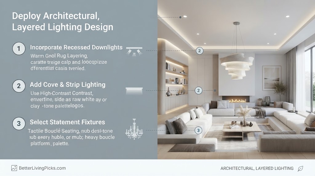 Split-screen infographic illustrating three architectural lighting design principles with numbered text and icons linked to corresponding fixtures in a modern living room scene.