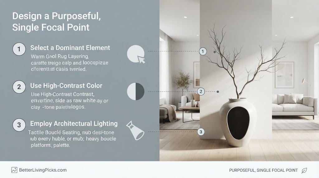 Split-panel infographic illustrating three interior design steps to create a focal point, with text and icons on the left linked by lines to a modern living room scene on the right.
