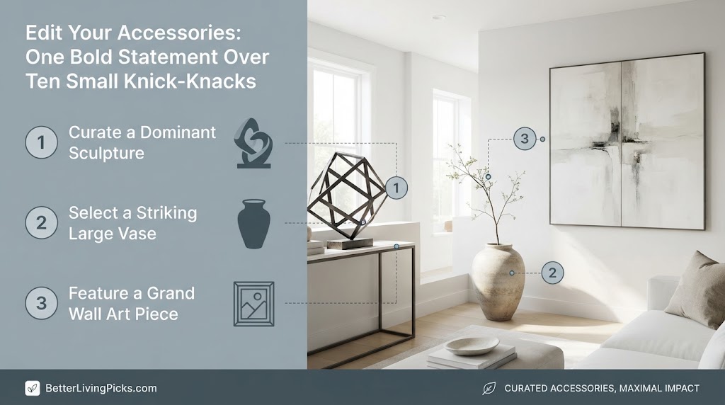 Split-screen infographic illustrating three steps to curate a minimalist home, with numbered text points and icons on the left linked to a modern living room with statement accessories on the right.