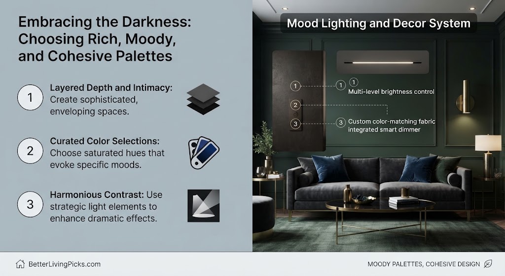 Split-screen infographic illustrating the principles of dark interior design with three numbered steps and icons, paired with a photo of a luxurious, moody living room.