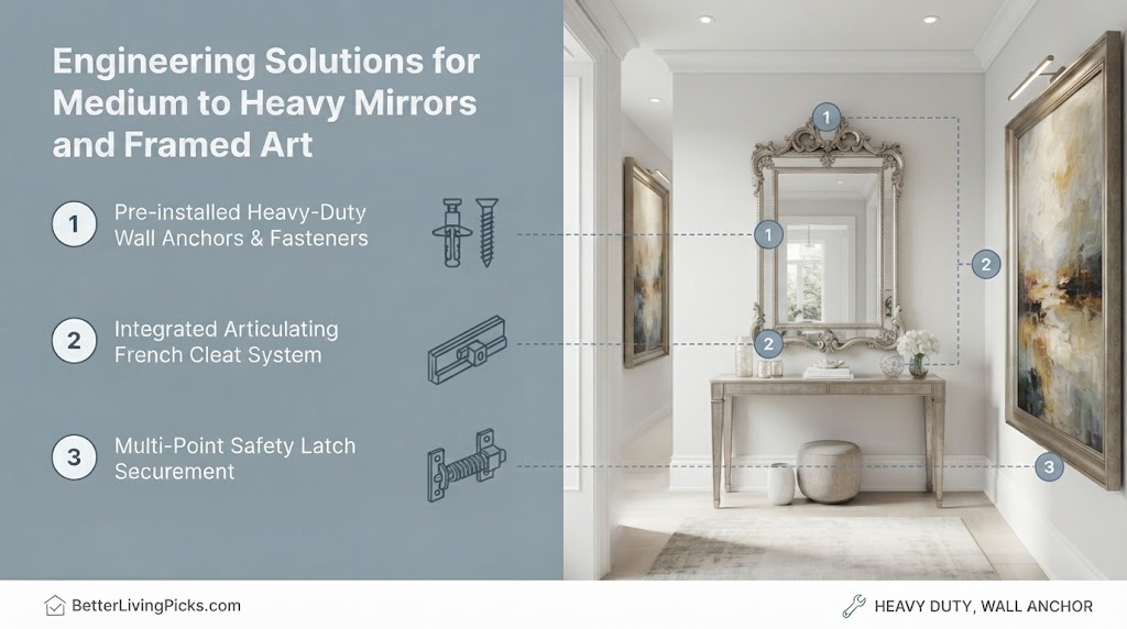 Modern luxury entryway featuring a split-screen infographic layout with a slate-gray panel highlighting three numbered points on engineering solutions for medium to heavy mirrors and framed art.
