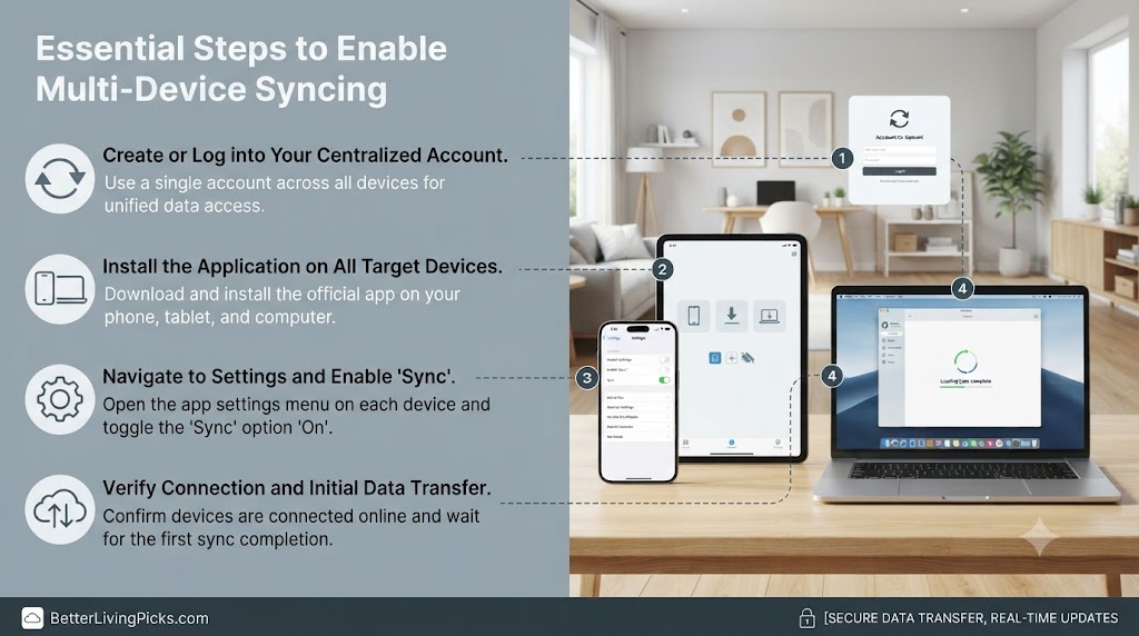 Split-screen feature graphic detailing the essential steps for enabling multi-device syncing with numbered callouts and lifestyle context.