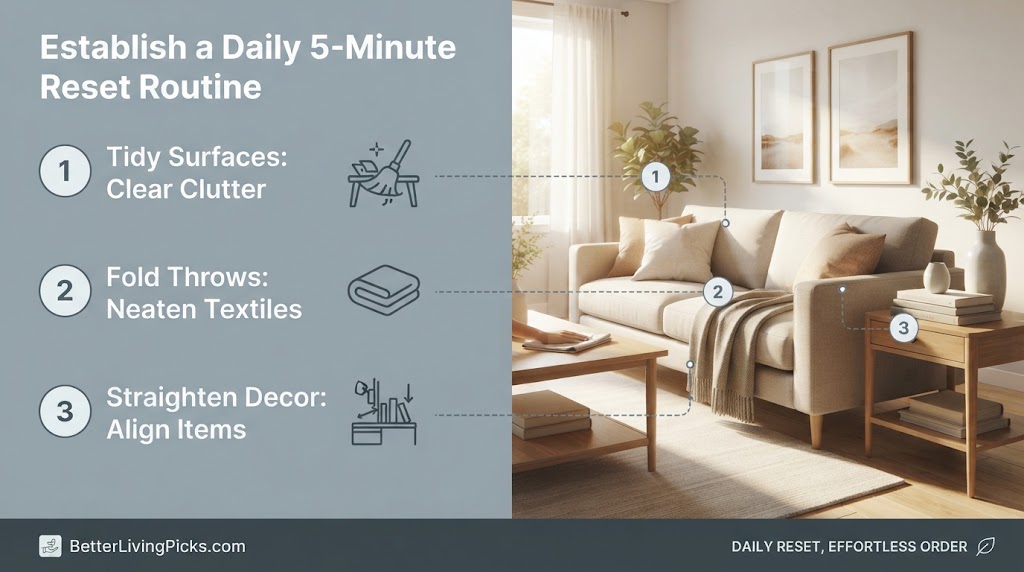 Split-panel infographic illustrating a three-step daily tidying routine for a modern living room, with text points and icons linked to specific areas of the room scene.