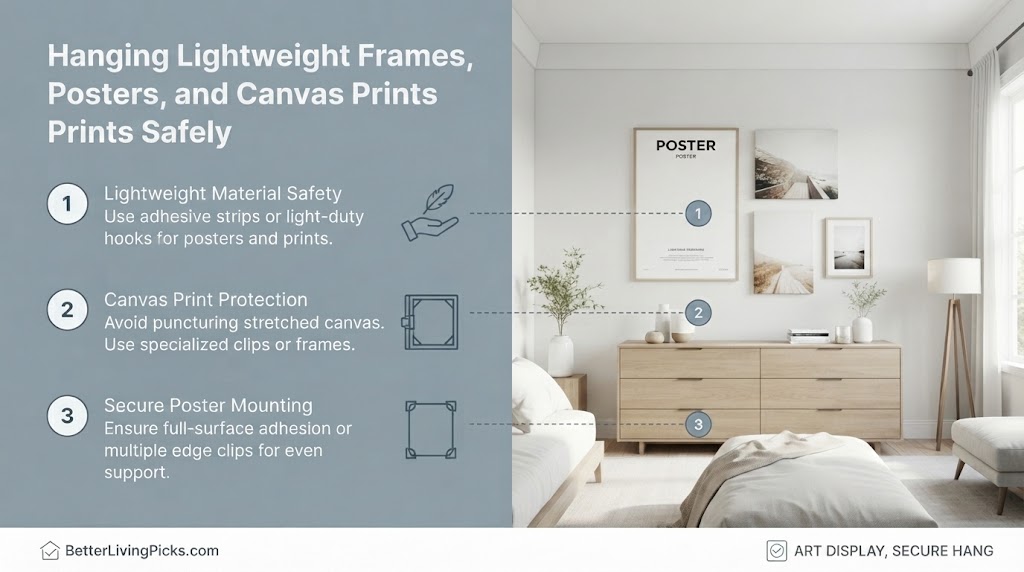 Modern bedroom corner featuring a split-screen infographic layout with a slate-gray panel highlighting three numbered points on safely hanging lightweight frames, posters, and canvas prints.