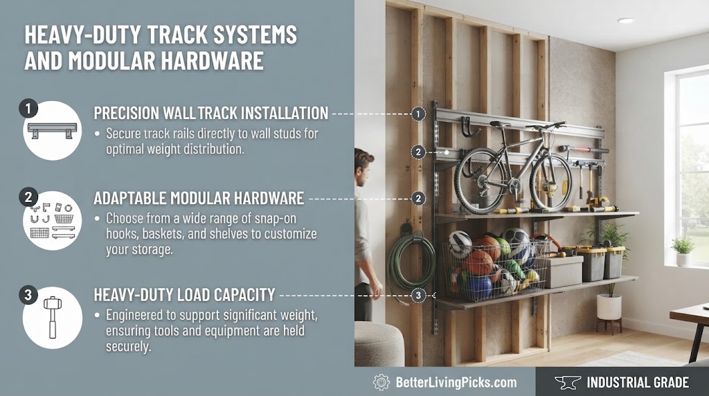 Split-screen feature box image displaying a light gray panel with three numbered hardware points on the left and a brightly lit modern garage workshop scene on the right with track system mockups for BetterLivingPicks.com.