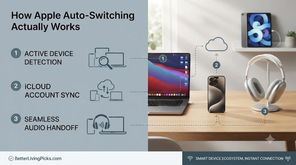 Split-screen article feature graphic illustrating how Apple auto-switching works with numbered points and a lifestyle scene.