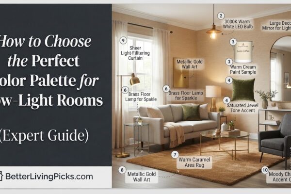 Split-screen infographic illustrating low-light room solutions. Left panel displays the title text; right panel shows a numbered, annotated living room scene with specific design products.